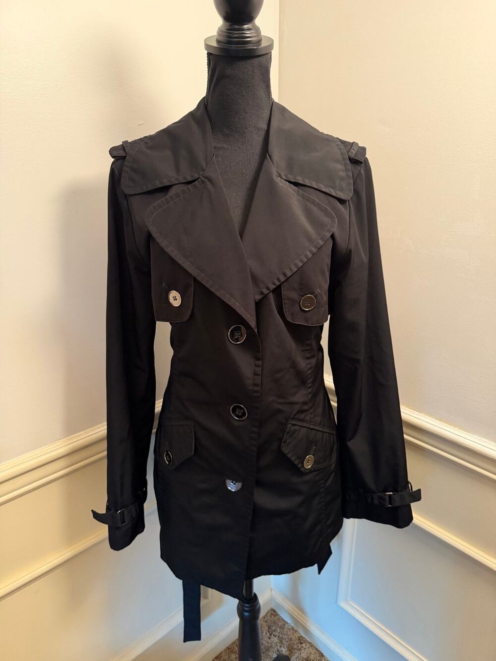 Weather Tamer Black Button-Front Trench Coat Jacket w Tie Waist Silver Utility